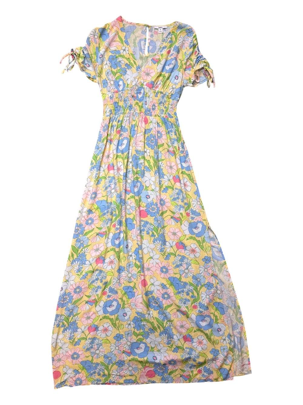 Bar III Floral Maxi Dress XS Smocked Waist Side Slit Boho Summer V-Neck - Picture 2 of 6